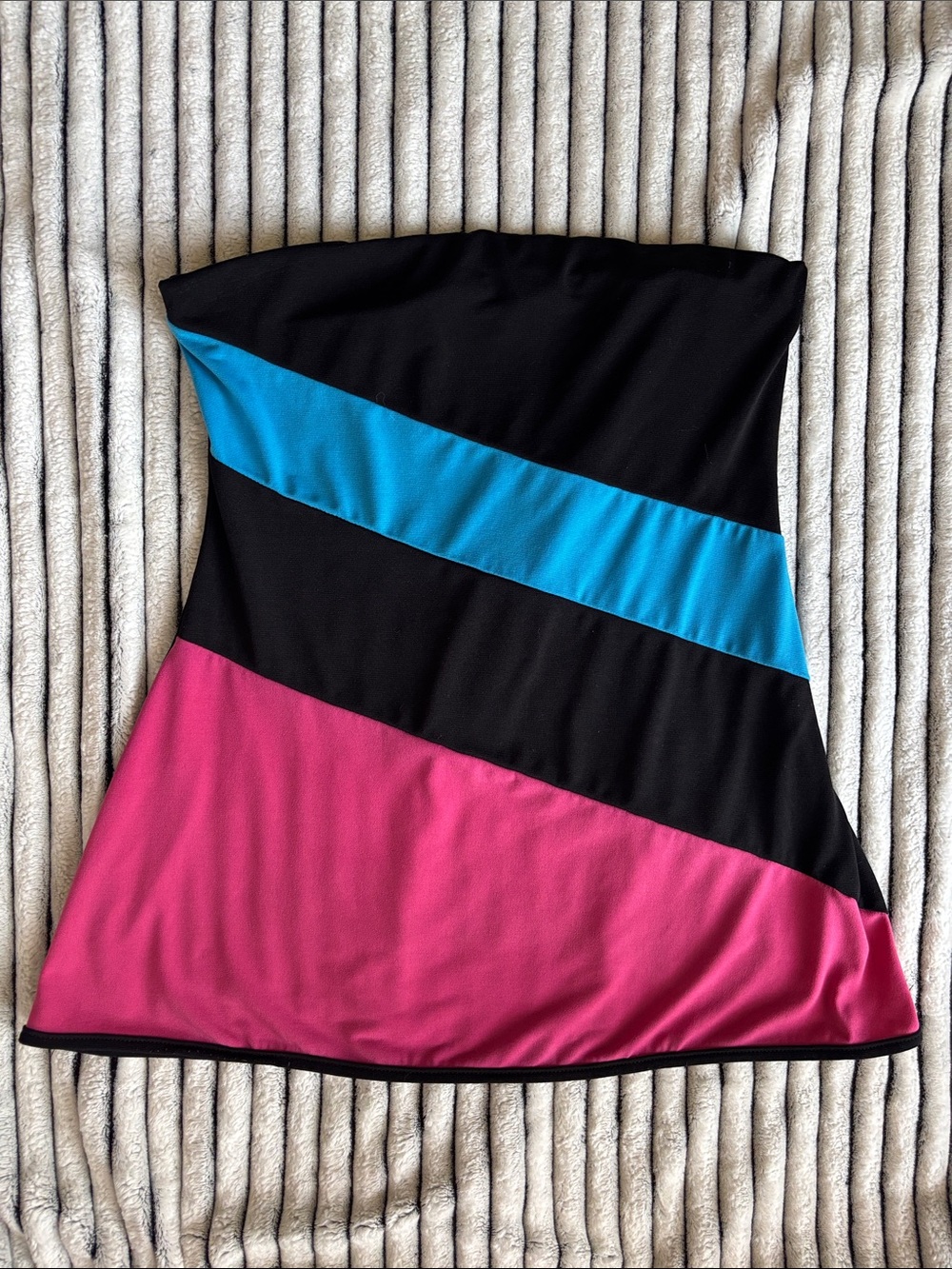 Strapless Colorblock Tube Top — Black, Blue & Fuchsia Pink 80s